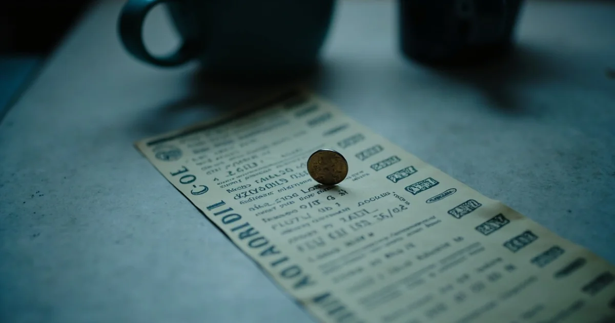 Aged Philadelphia property tax bill beside a single standing one-cent coin and a coffee mug.