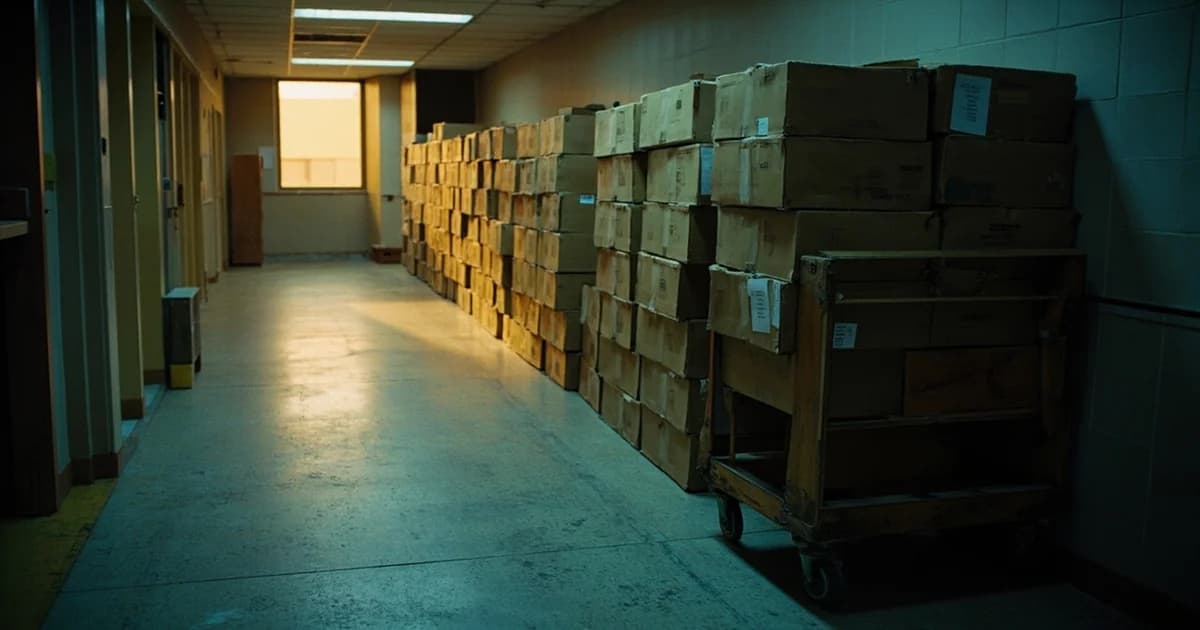 A long row of identical cardboard boxes stacked along a dim Philadelphia municipal hallway under late-afternoon window light.