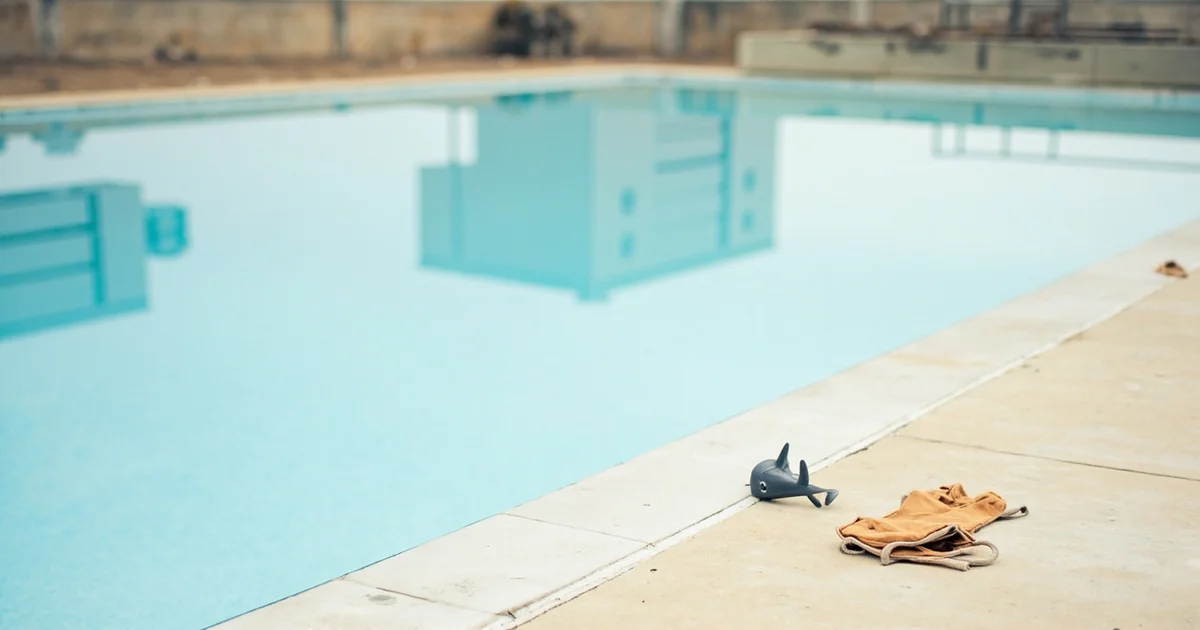A shallow wading pool holds a floating toy shark beside a folded toddler swimsuit on the concrete edge.