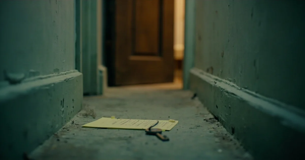 Empty Philadelphia row-home hallway with a worn door ajar and a yellow legal pad on the threshold.