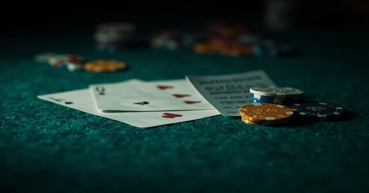Poker table with face-up hand, muted chips, and a small EV-calculator slip.