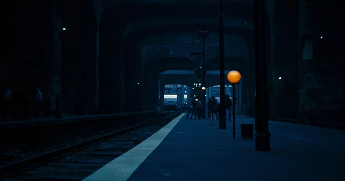 30th Street Station interior before sunrise with one distant train at the platform.