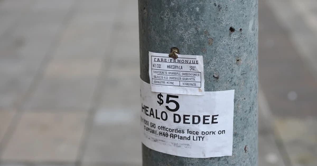 Sidewalk lamppost with a performing permit and a faded $5 fine notice.