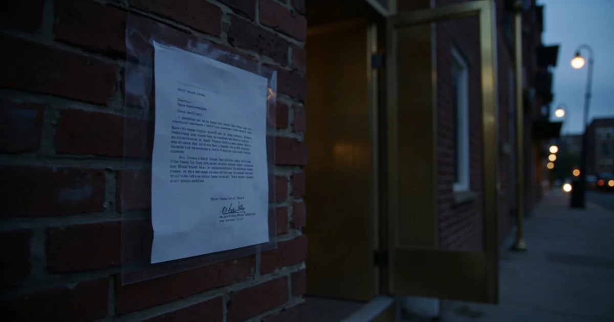 Closed selective-school entrance with a $650,000 settlement letter taped to the brick.