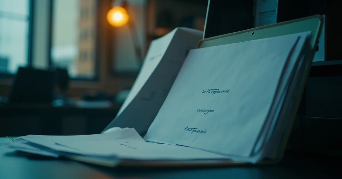 Two uneven application folders leaning together on a school office desk under lamp light.