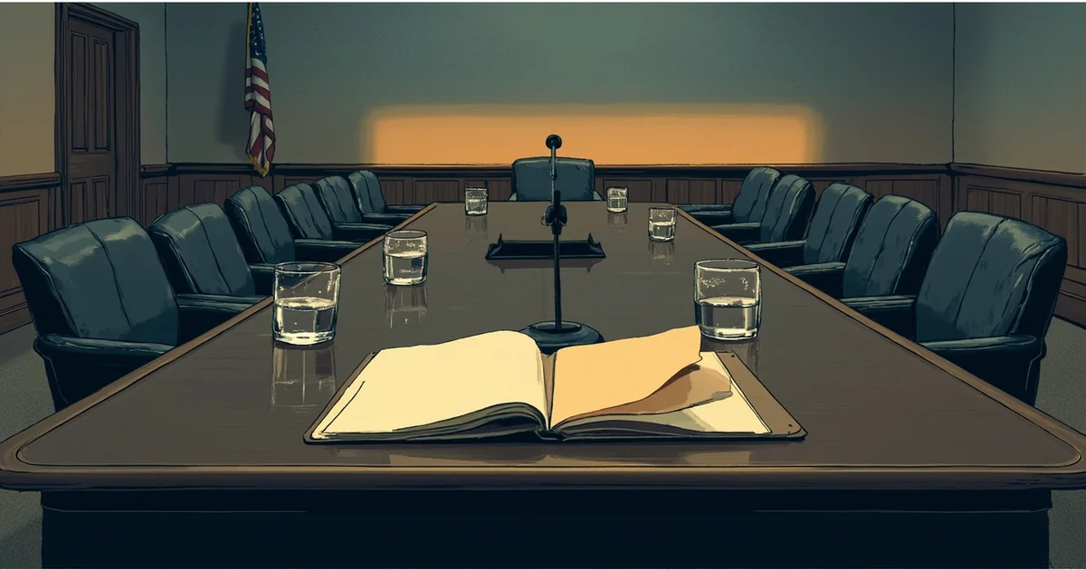 Empty mahogany council chamber table with leather chairs pushed back, single microphone on, papers askew at the far seat.