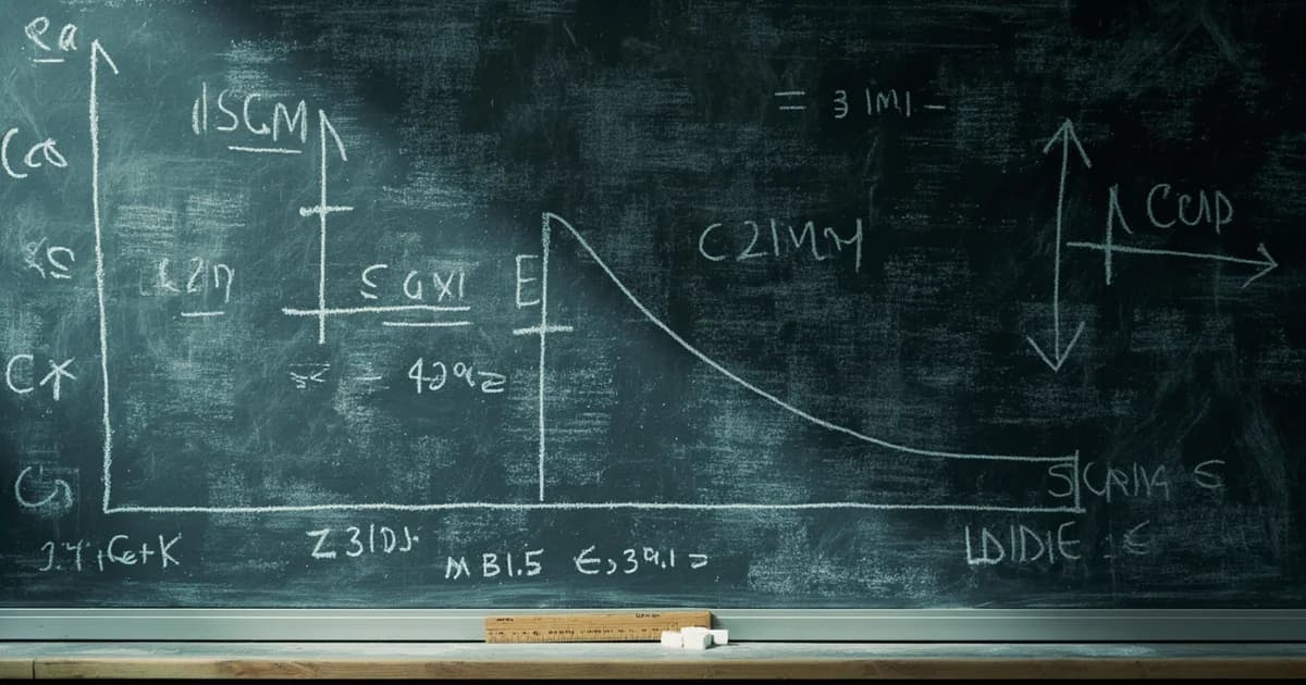 Large chalkboard covered in equations with a steep downward cost curve drawn in white chalk, ruler resting on the ledge.
