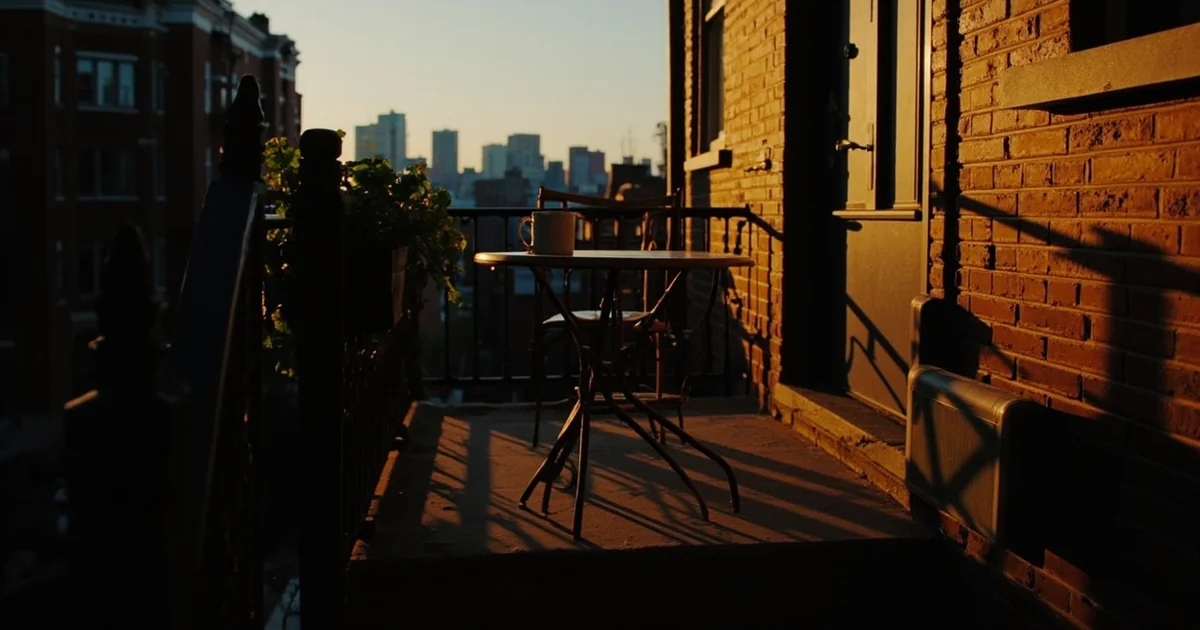 Fairmount row house stoop with an empty coffee mug and potted basil, hazy Philadelphia skyline behind at golden hour.